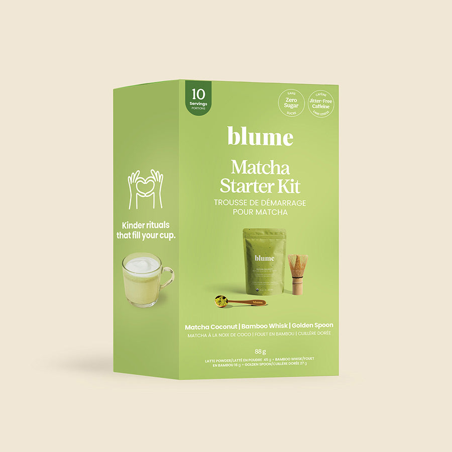 Matcha StarterKit Box Packaging. Contains 1 matcha spoon, 1 matcha whisk, and 1 packet of our matcha coconut superfood latte  (10 servings)